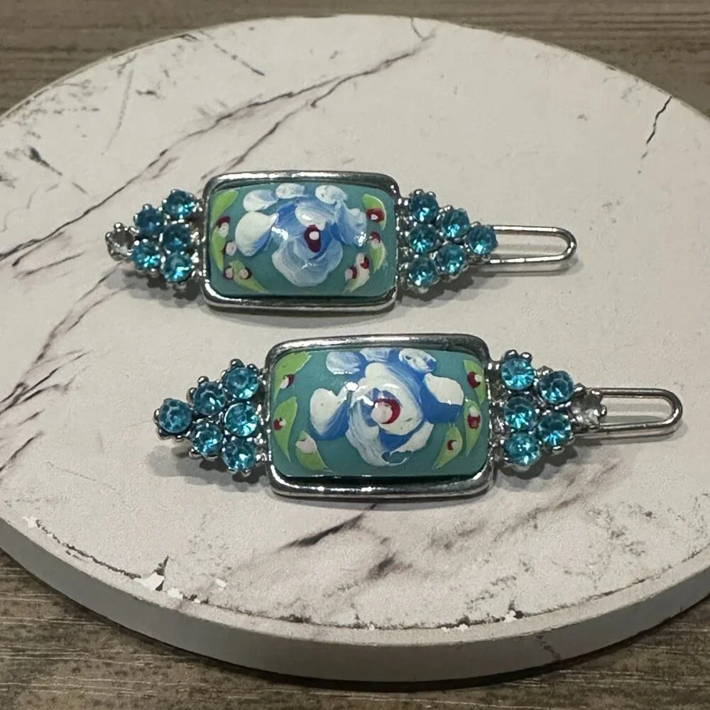EUC Vintage Hairclip Set Blue Green & White - Picture 1 of 9
